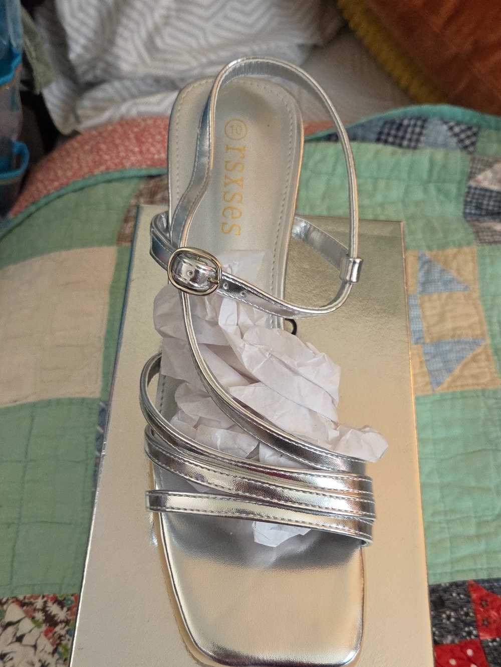 Silver Strappy Block Heel Sandals NIB Size 10